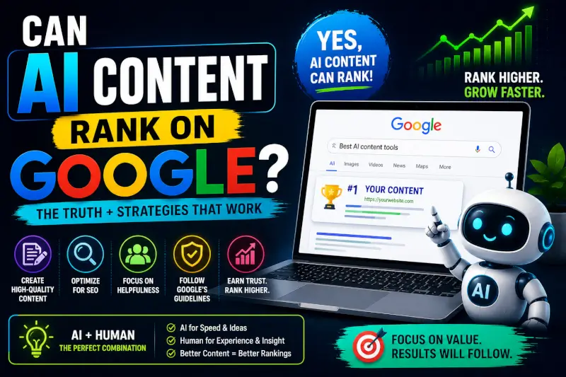“Can AI content rank on Google featuring AI writing, SEO rankings, search optimization, and content strategy”