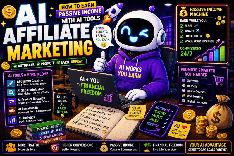 Funny cartoon AI affiliate marketing workspace showing passive income, AI tools, automation, commissions, and online business growth in 2026
