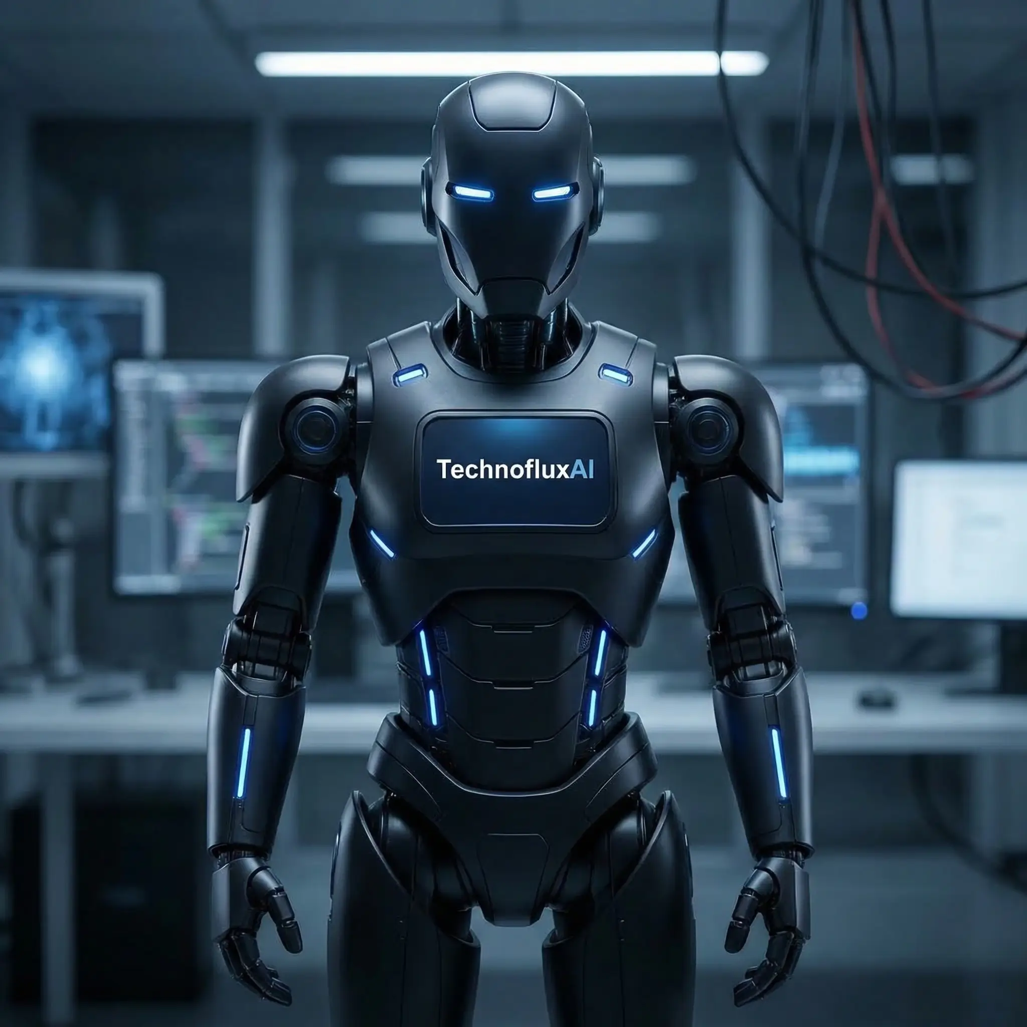 Black AI robot in a technology lab representing artificial intelligence tools and TechnofluxAI