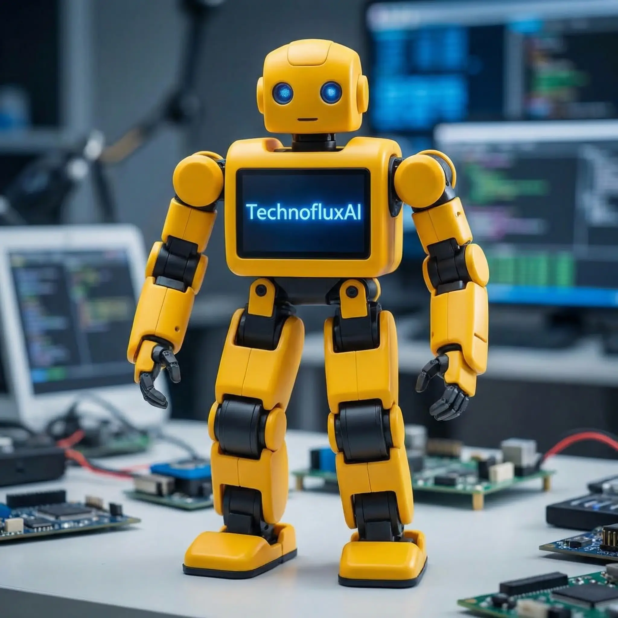 Yellow AI robot in a technology lab representing artificial intelligence tools and TechnofluxAI