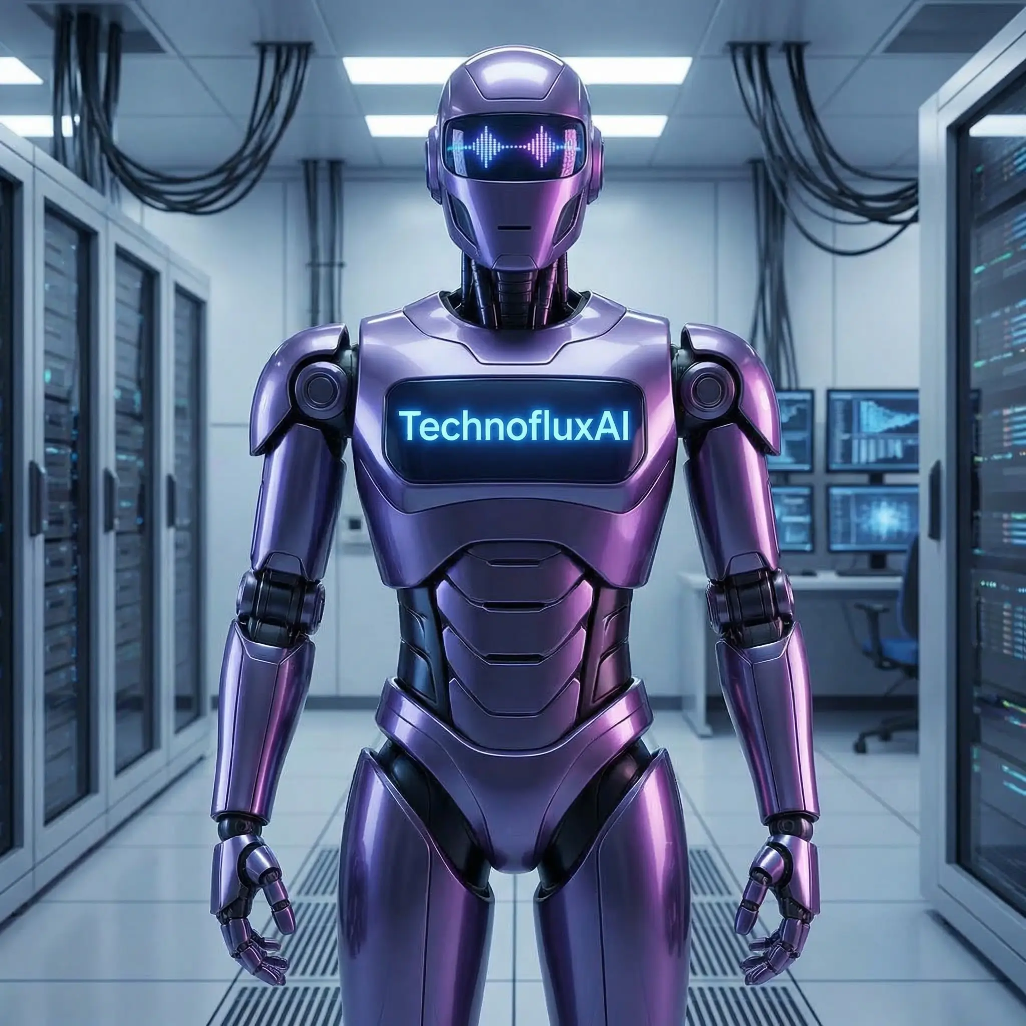 Purple AI robot in a technology lab representing artificial intelligence tools and TechnofluxAI