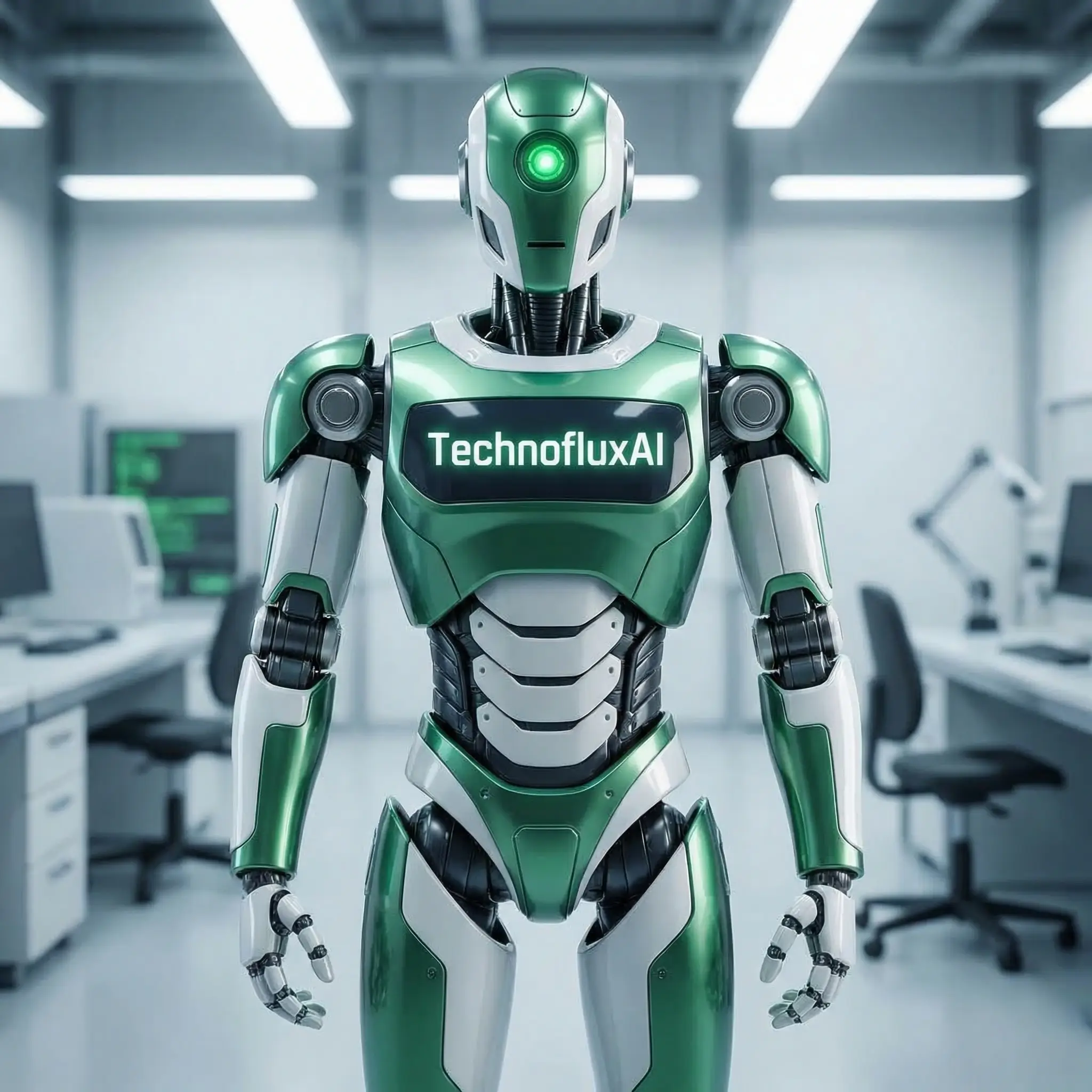 Green AI robot in a technology lab representing artificial intelligence tools and TechnofluxAI