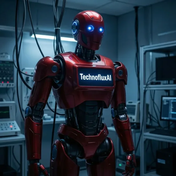 Red AI robot in a technology lab representing artificial intelligence tools and TechnofluxAI