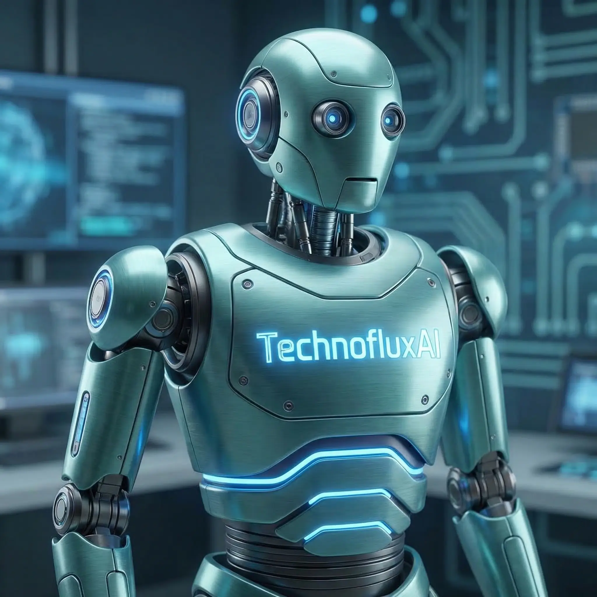 Grey AI robot in a technology lab representing artificial intelligence tools and TechnofluxAI