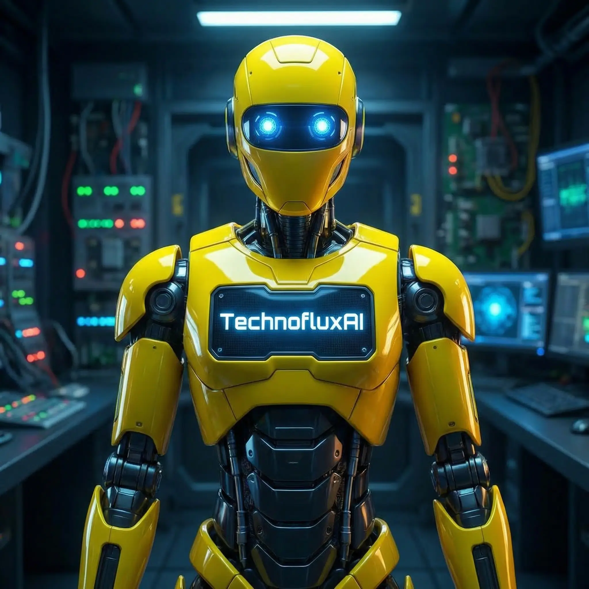 Yellow AI robot in a technology lab representing artificial intelligence tools and TechnofluxAI