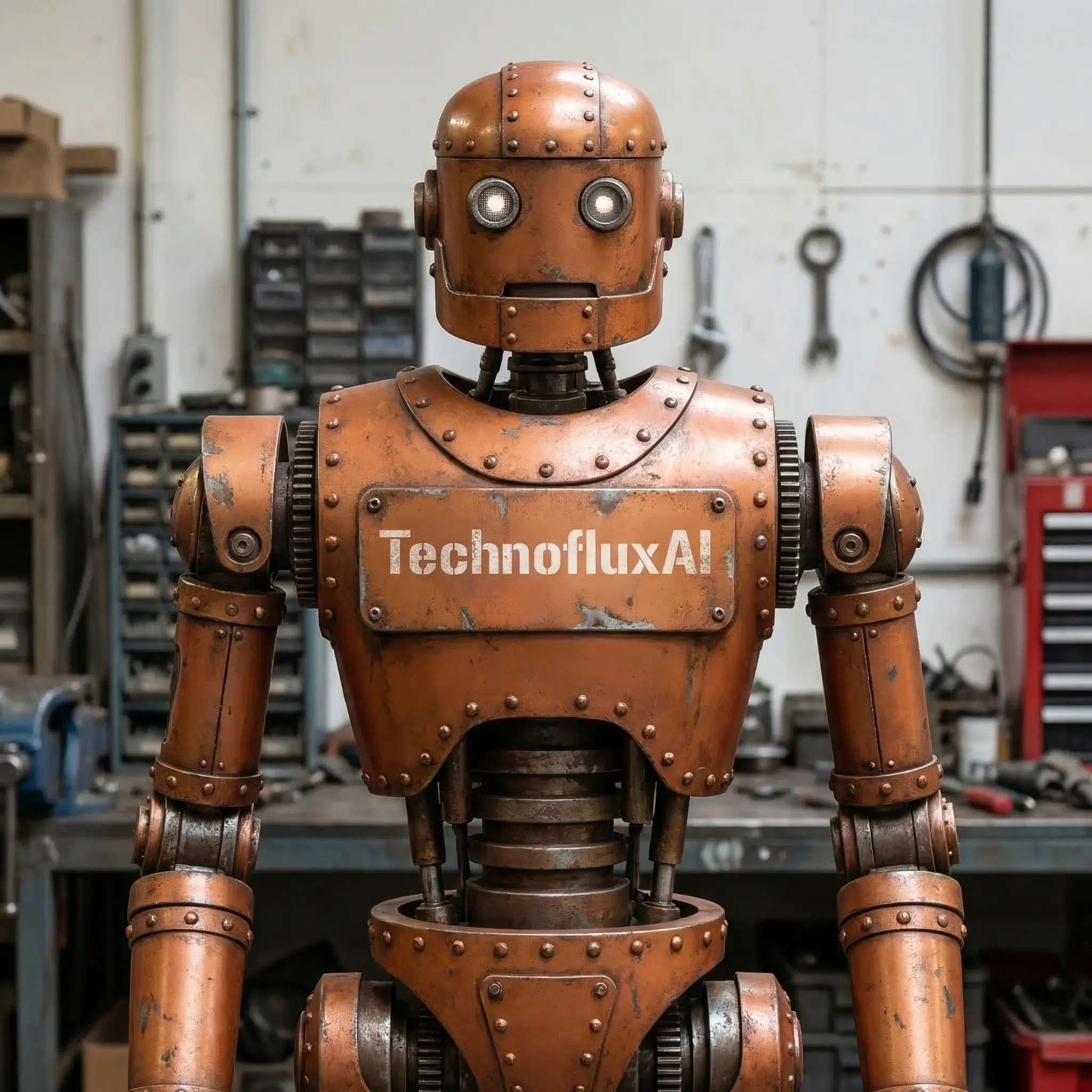 Rusty AI robot in a technology lab representing artificial intelligence tools and TechnofluxAI