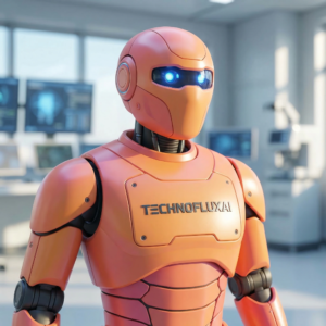 Untitled-20260316-153828-0269 Pumkin colored AI robot in a technology lab representing artificial intelligence tools and TechnofluxAI