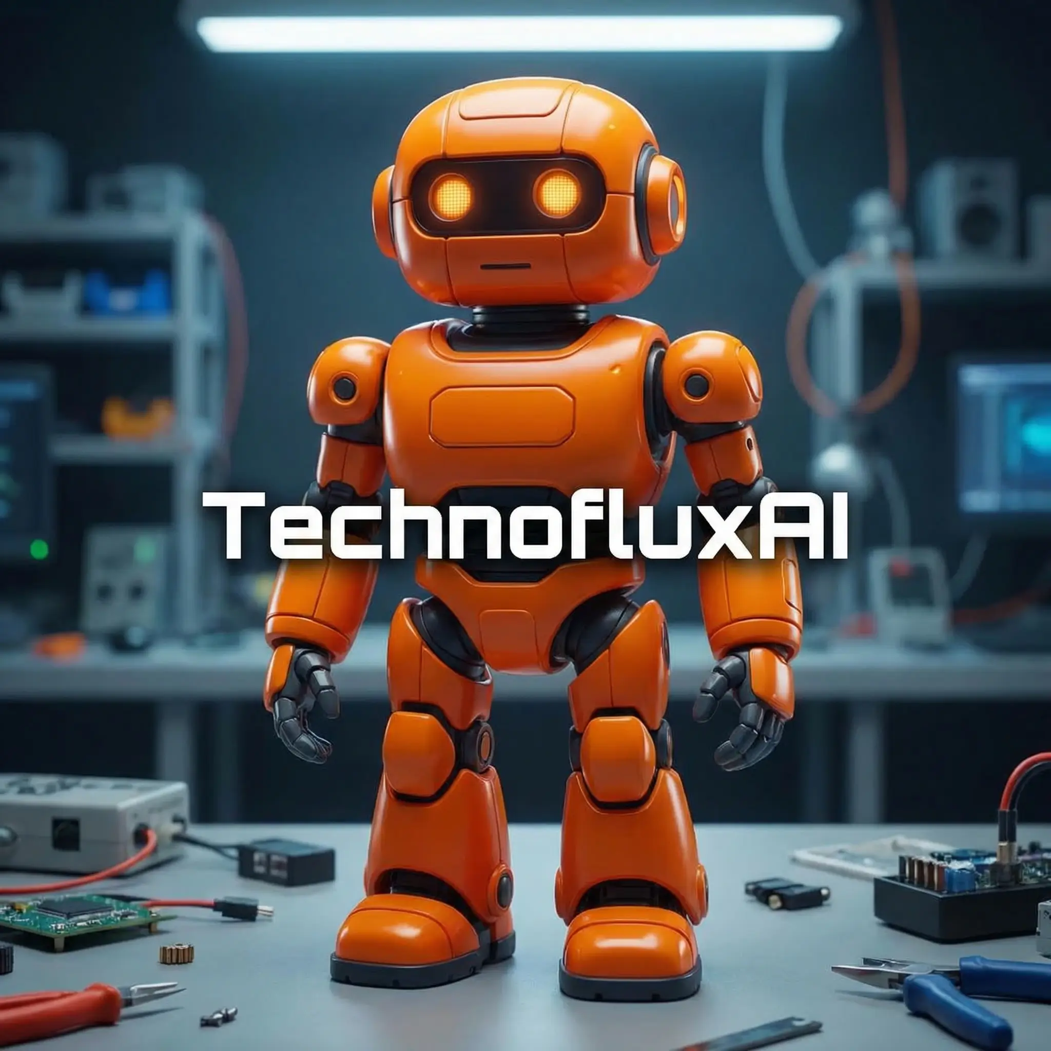 Orange AI robot in a technology lab representing artificial intelligence tools and TechnofluxAI