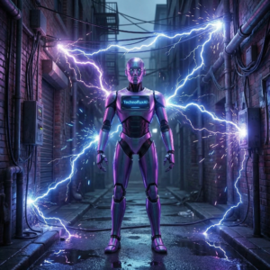 Untitled-20260316-164405-9739 Orange AI robot with TechnofluxAI display standing in an alley