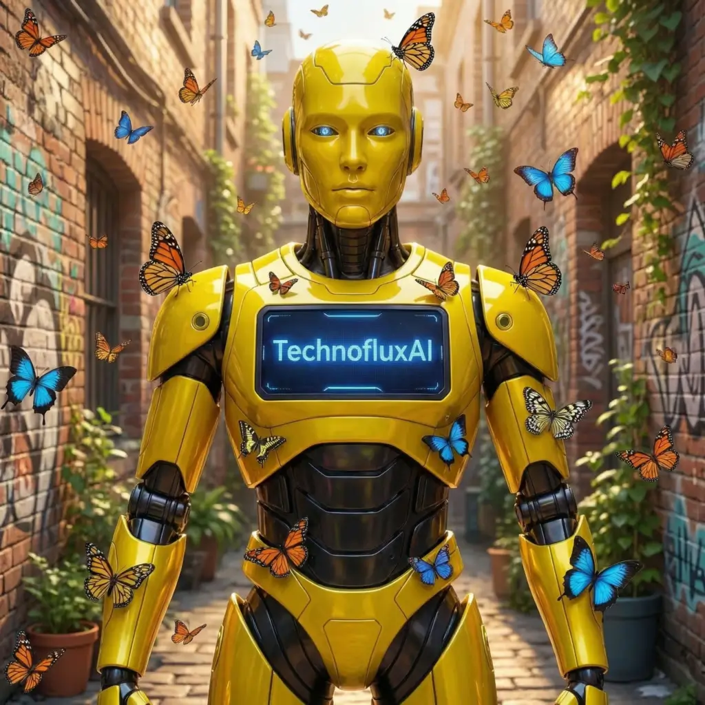 Untitled-20260316-165002-7454 YellowTechnofluxAI display standing in an alley surrounded by butterflies representing artificial intelligence and technology innovation