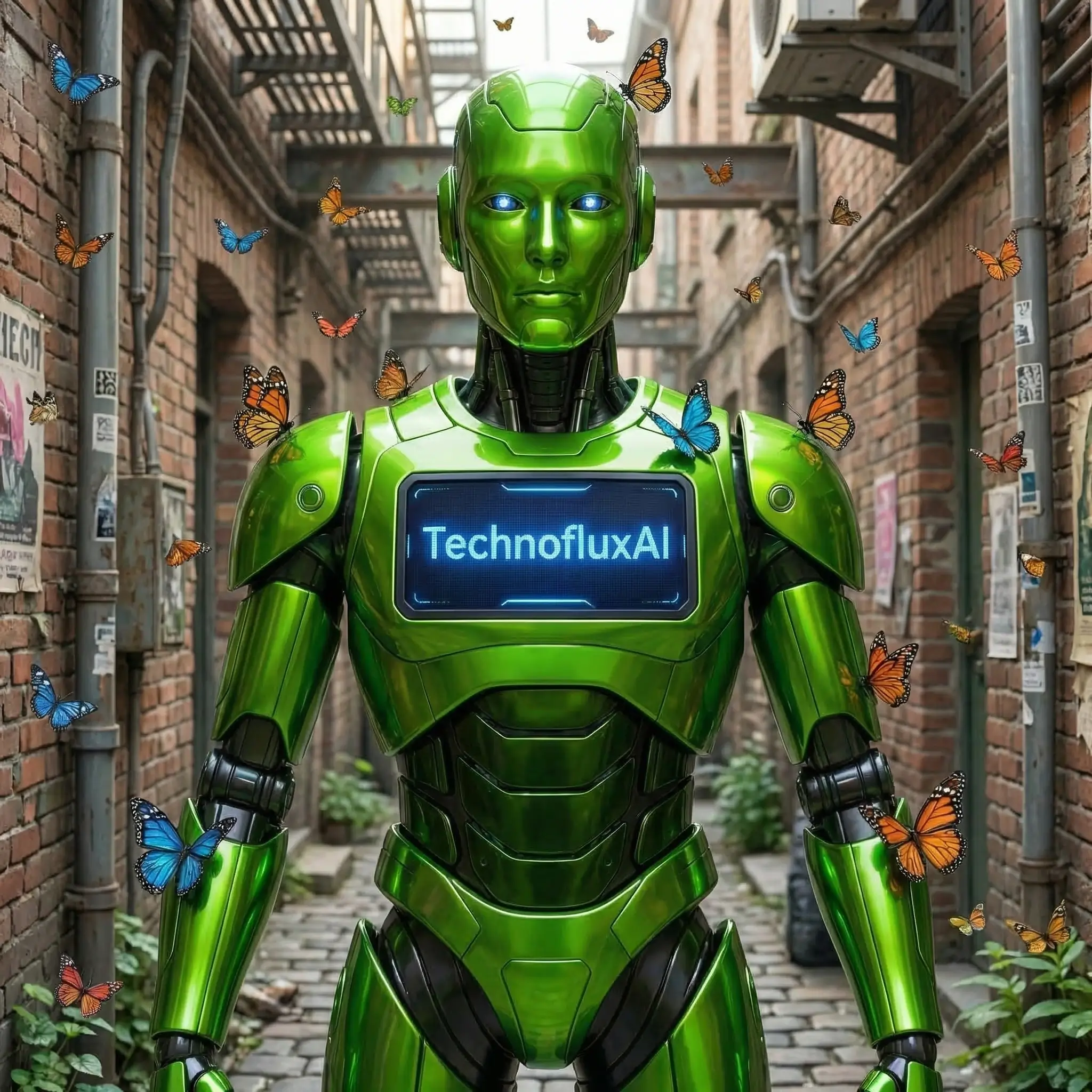 Green AI robot with TechnofluxAI display standing in an alley surrounded by butterflies representing artificial intelligence and technology innovation