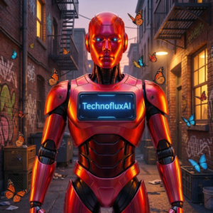 Untitled-20260316-165025-2959 orange TechnofluxAI display standing in an alley surrounded by butterflies representing artificial intelligence and technology innovation