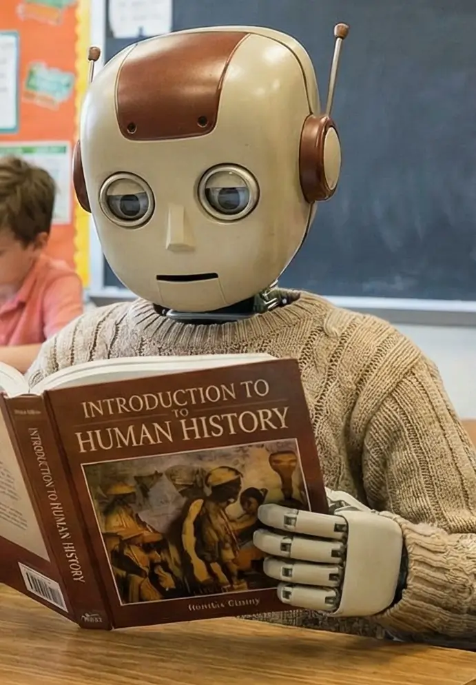 Untitled-Layer-5 AI robot learning from a human history book in a classroom, symbolizing AI learning and knowledge development