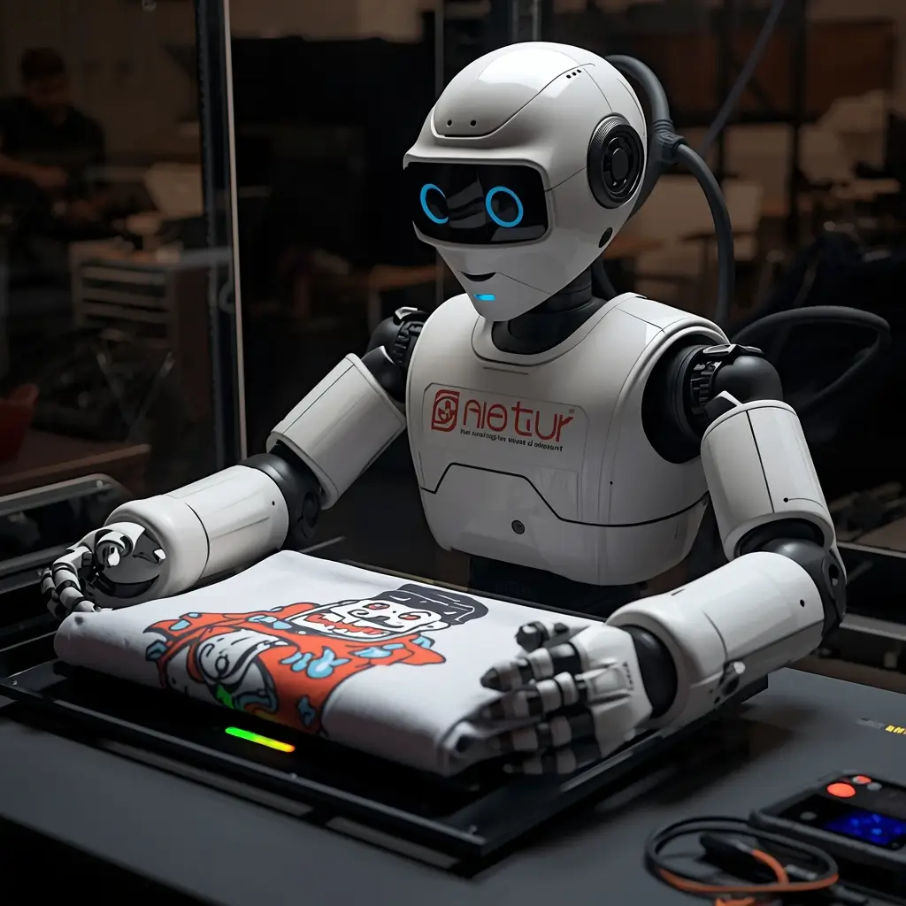 lucid-origin A robot using a printer to make tshirts using a print on demand-1 defc586d-0896-402f-90c1-de5c70932d92