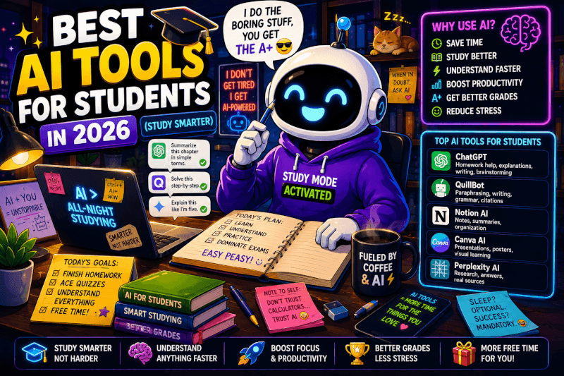 Funny cartoon AI study assistant helping students with homework, research, writing, and productivity using the best AI tools for students in 2026