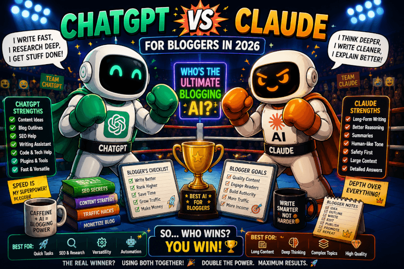 Funny cartoon boxing match between ChatGPT and Claude inside a neon AI arena comparing blogging, writing, SEO, and content creation tools in 2026