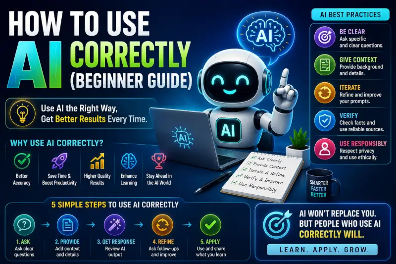 “How to use AI correctly beginner guide featuring AI prompts, best practices, productivity tips, and responsible AI usage”