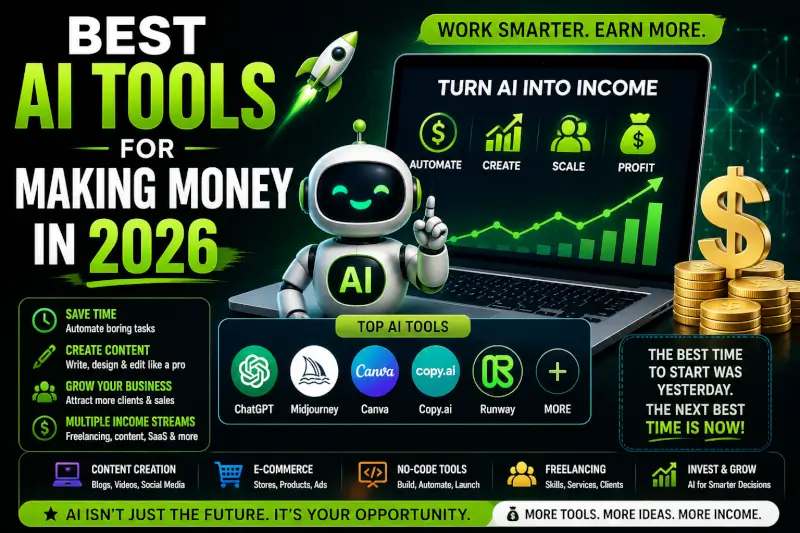 “Best AI tools for making money in 2026 featuring AI business tools, automation, content creation, and online income workflows”