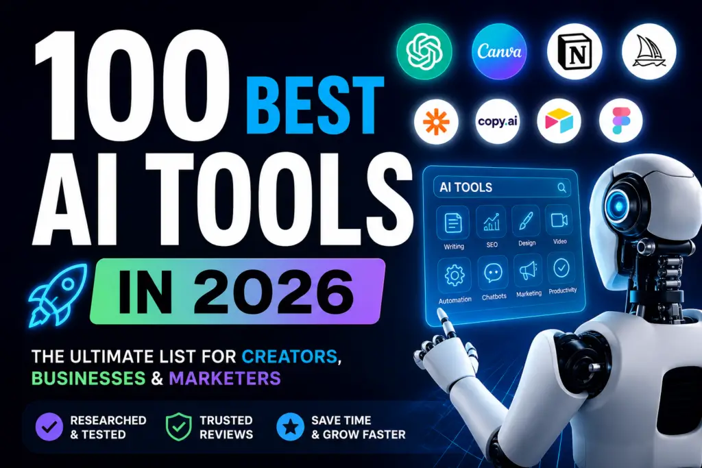 “100 best AI tools in 2026 featuring AI software for productivity, content creation, automation, marketing, coding, and business”