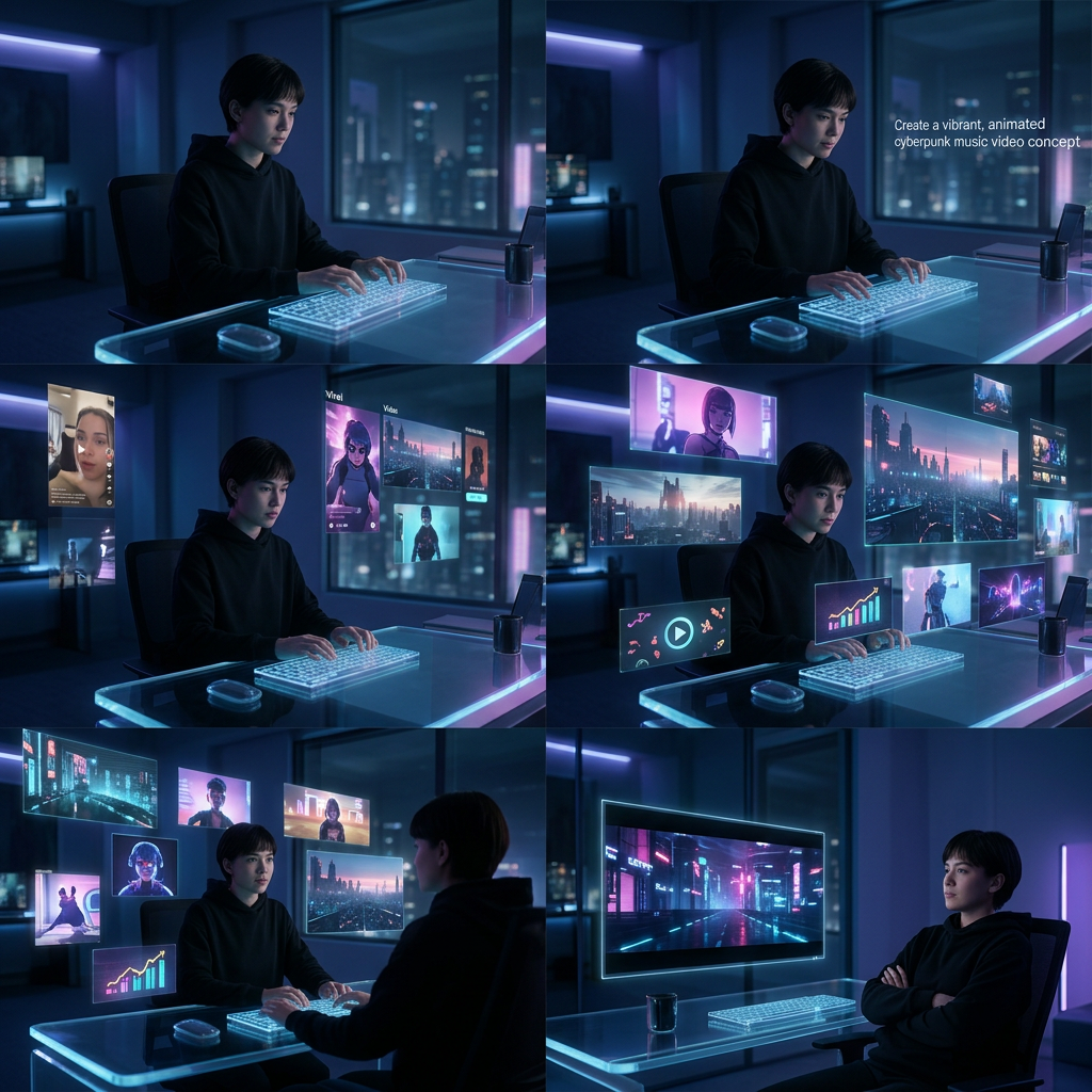 Create-a-cinematic-AI-video-of-a-futuristic-creator-workspace-at-night.-A-person-4 Futuristic AI browser workspace with multiple screens, holographic search tools, and a digital assistant interface for Perplexity Comet review