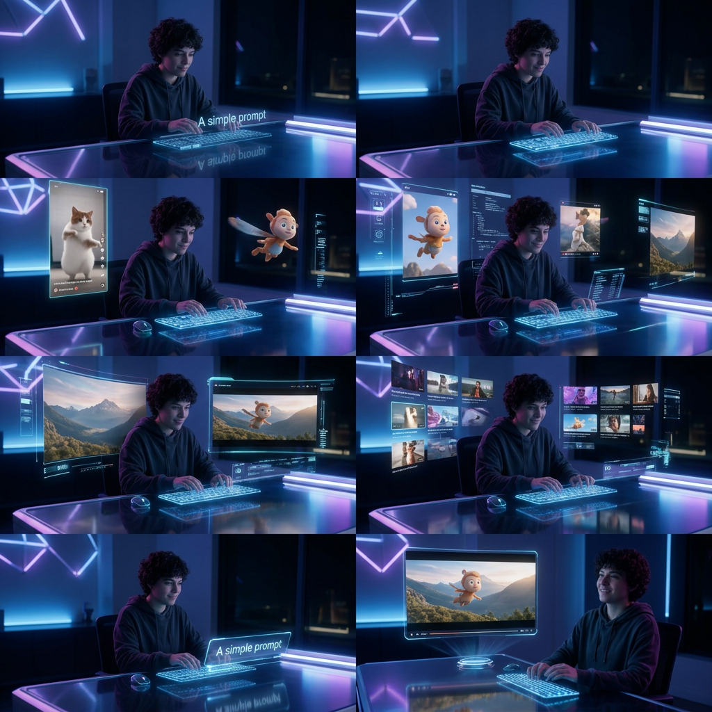 Futuristic AI browser workspace with multiple screens, holographic search tools, and a digital assistant interface for Perplexity Comet review