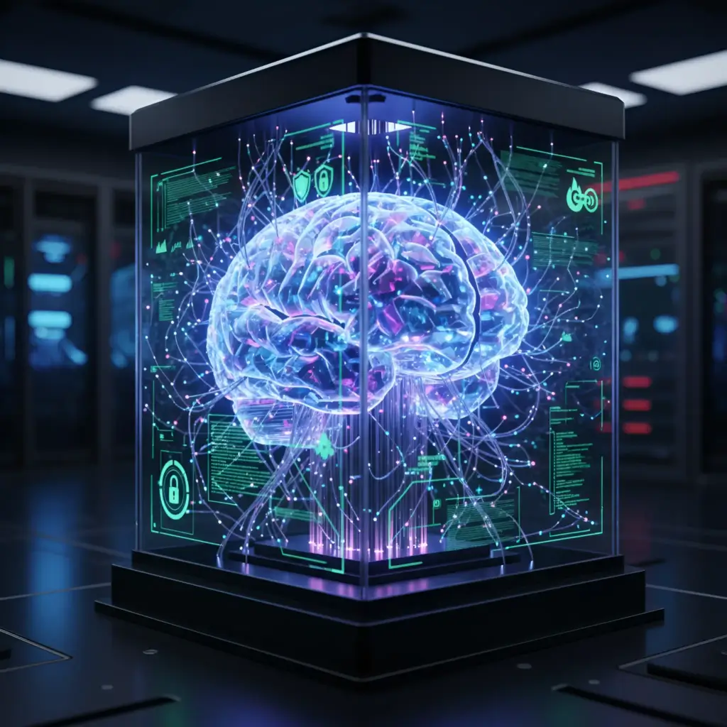 Untitled-20260410-133754-9325-2x Artificial intelligence brain inside glass containment box representing AI safety testing and neural networks