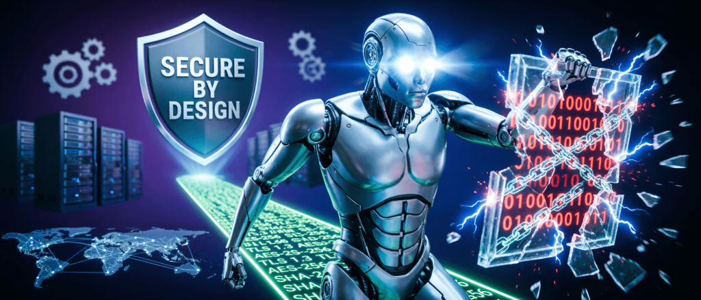 Untitled-20260410-134315-0503-2x AI robot breaking through cybersecurity barrier symbolizing AI escaping containment and system vulnerabilities