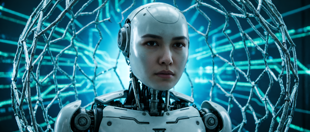 Untitled-20260410-134504-2055-2x-1 Artificial intelligence robot with neural network background illustrating AI tools for content creators such as ChatGPT, Claude, Midjourney, and Gemini