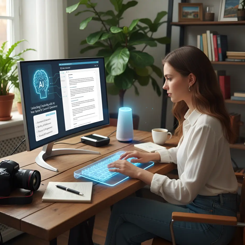 Untitled-20260411-090404-1079-2x Blogger using AI tools to write and optimize content on a computer, showcasing AI-assisted blogging workflow for faster content creation