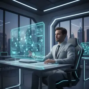 Untitled-20260413-093102-2417-2x Professional using AI software in a modern office with holographic digital interface