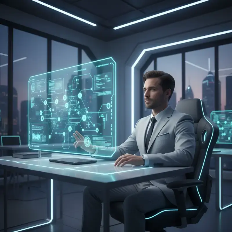Person working at a computer in a futuristic office with transparent digital screens and AI interface displays
