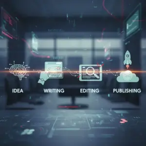 Untitled-20260414-121434-6054-2x AI blogging workflow showing idea, writing, editing, and publishing process with digital interface and automation tools