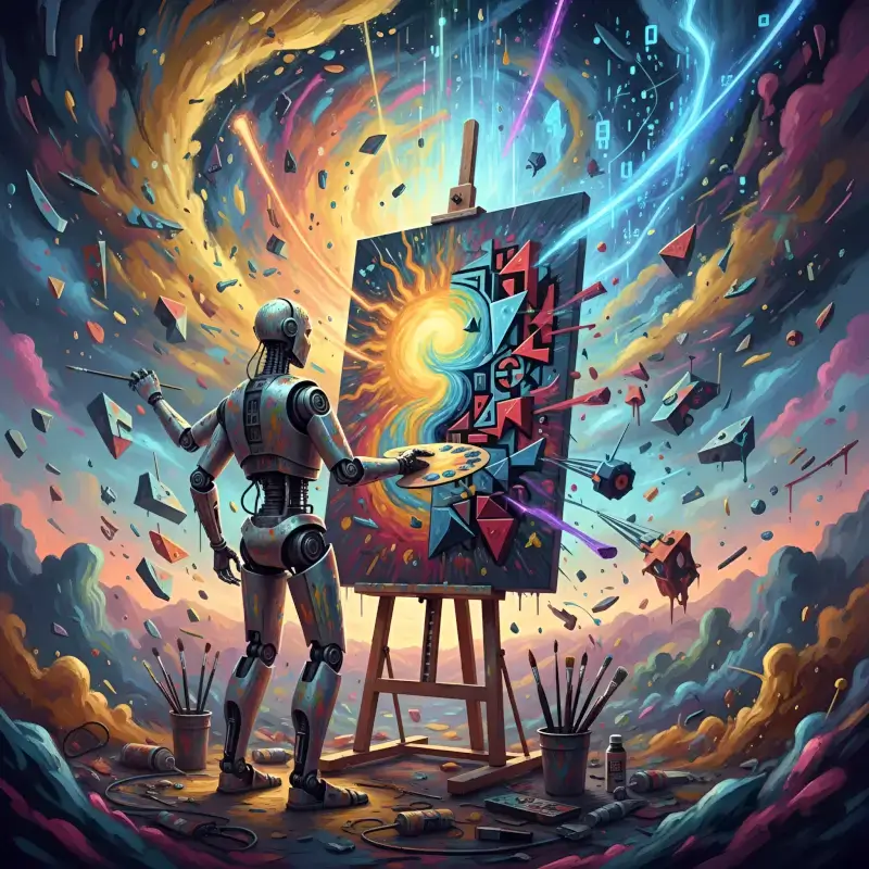 Colorful futuristic AI art scene showing a digital creator painting with glowing cosmic energy, floating creative elements, and vibrant neon lighting representing AI-powered creativity and artistic imagination.