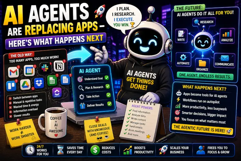 Funny cartoon AI agents replacing apps featuring automation, AI workflows, productivity tools, smart assistants, and futuristic business systems in 2026