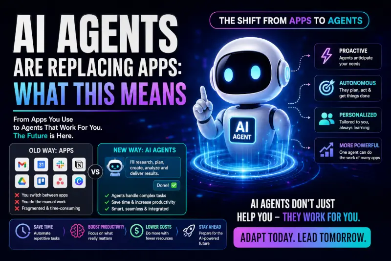 “AI agents replacing traditional apps illustration showing autonomous AI assistant workflows and future automation technology”