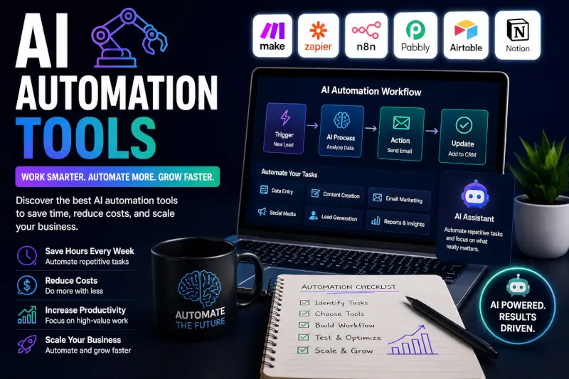 AI automation tools dashboard featuring workflow automation software, AI assistant, and business productivity tools