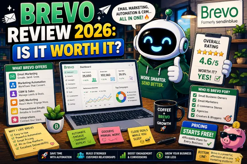 Funny cartoon Brevo review workspace showing email marketing automation, CRM dashboards, AI marketing tools, and business growth features in 2026