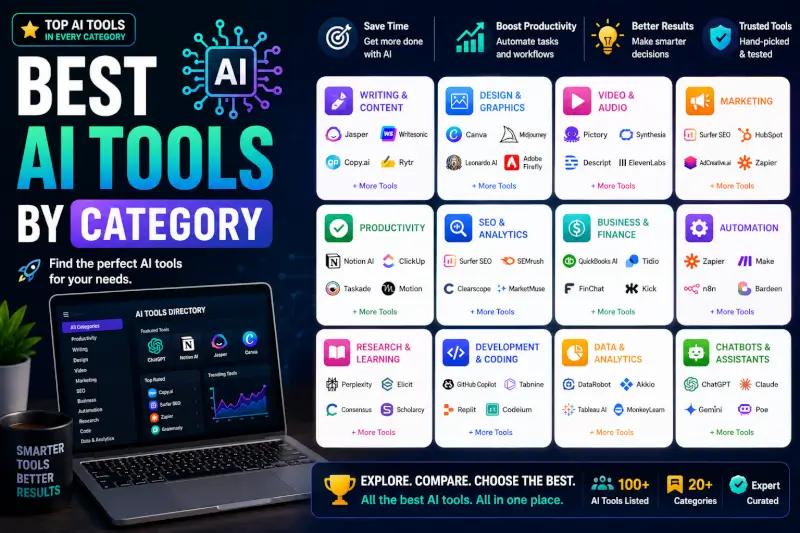 “Best AI tools by category directory featuring writing, marketing, automation, productivity, SEO, research, and chatbot tools”