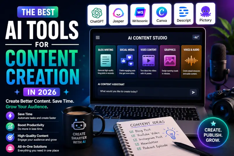 Best AI tools for content creation in 2026 featuring AI writing, video, image, and design software