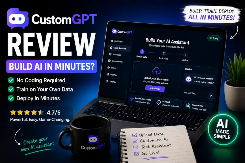 CustomGPT AI assistant review dashboard showing no-code AI chatbot builder and deployment tools
