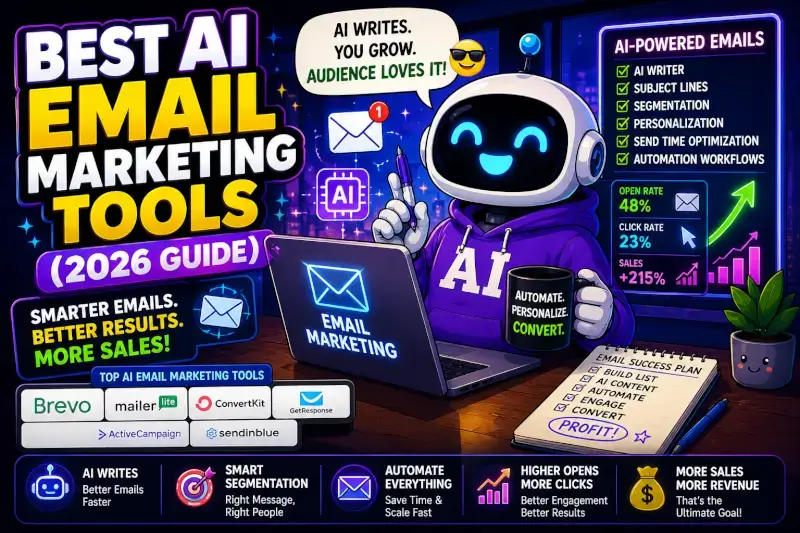 Cartoon AI email marketing tools dashboard showing automation, personalization, email campaigns, audience growth, and AI-powered marketing workflows
