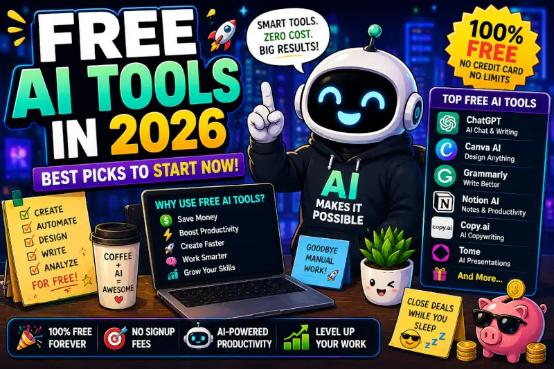 Funny cartoon free AI tools workspace featuring AI apps, productivity tools, automation, writing tools, and creator resources in 2026