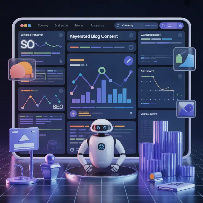 ideogram-v3.0 800x800 illustration of AI-generated blog content keyword research SEO scores an-0 AI blogging dashboard with SEO charts keyword research and content analytics best chatgpt prompts for bloggers