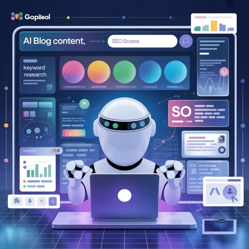 ideogram-v3.0 800x800 illustration of AI-generated blog content keyword research SEO scores an-1 AI blog content dashboard with keyword research SEO scores and analytics ai writing tools for blogging content creation