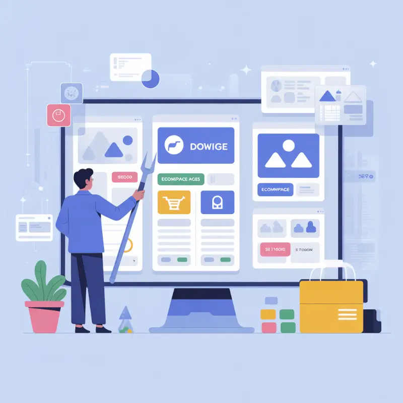 ideogram-v3.0 800x800 illustration of a business owner building a website with AI tools large -1 Person using an AI website builder dashboard to create a website