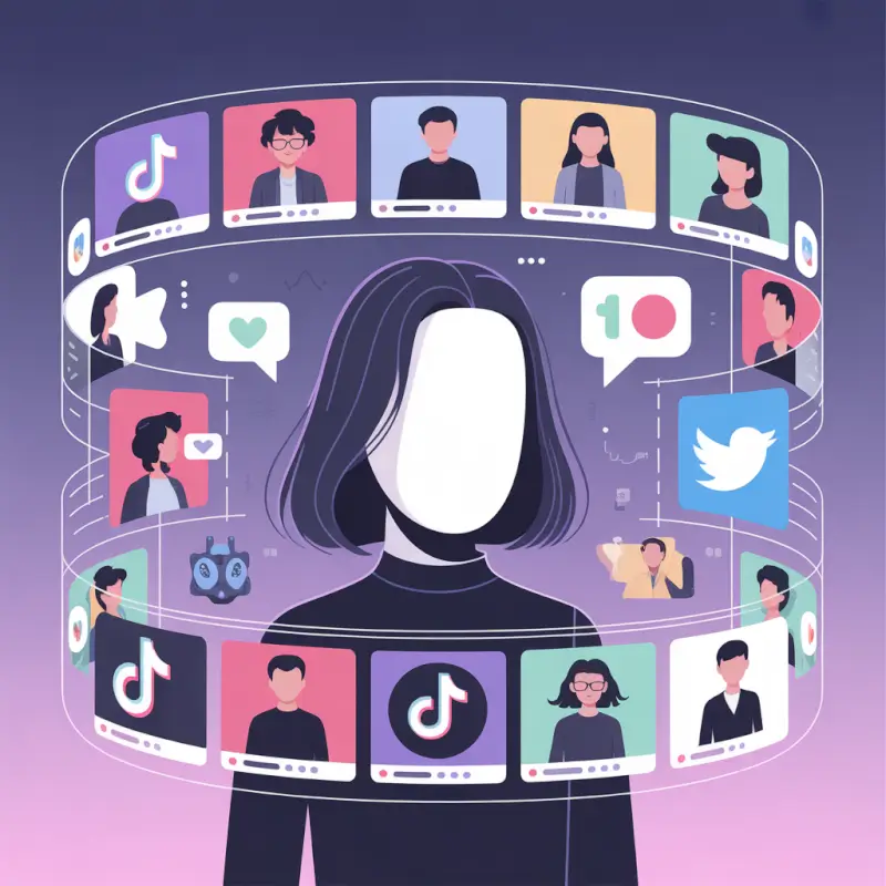 ideogram-v3.0 800x800 illustration of faceless TikTok videos being generated by AI with voiceo-0 faceless AI influencer with TikTok social media videos and virtual content creation