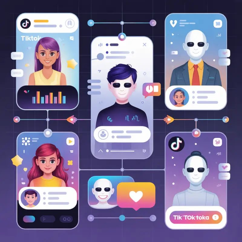 ideogram-v3.0 800x800 illustration of faceless TikTok videos being generated by AI with voiceo-3 AI TikTok avatars and faceless creator profiles for social media videos