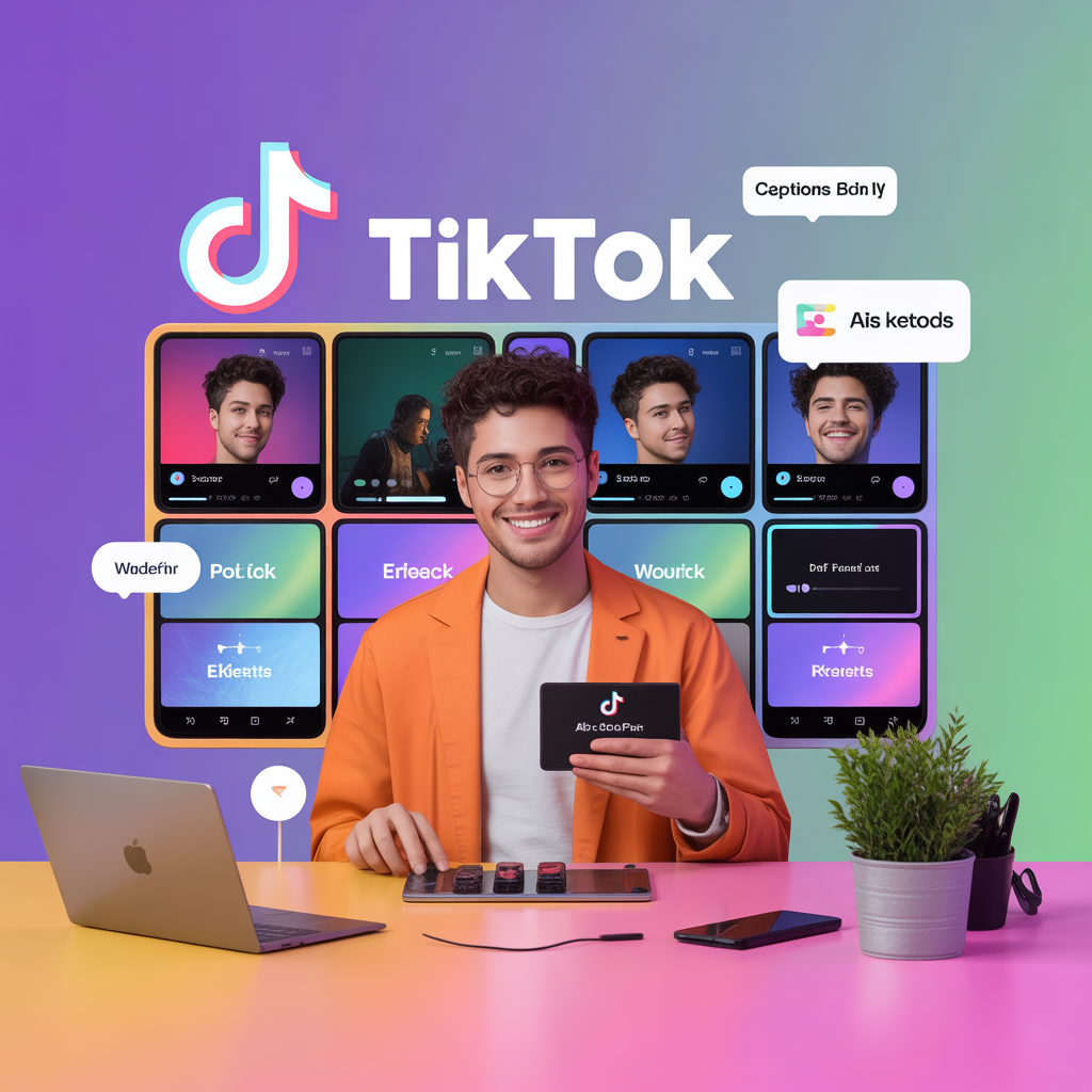 ideogram-v3.0 800x800 image of a TikTok creator editing AI-generated short videos with caption-2 TikTok creator using AI tools to edit videos, generate captions, and create short-form content