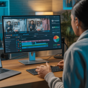 ideogram-v3.0 800x800 image of a YouTube creator editing videos with AI tools large monitor sh-1 the person sitting in front of multiple dashboard screens