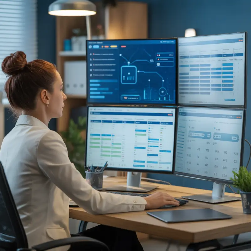 Business owner managing AI dashboards schedules and workflow automation on multiple monitors